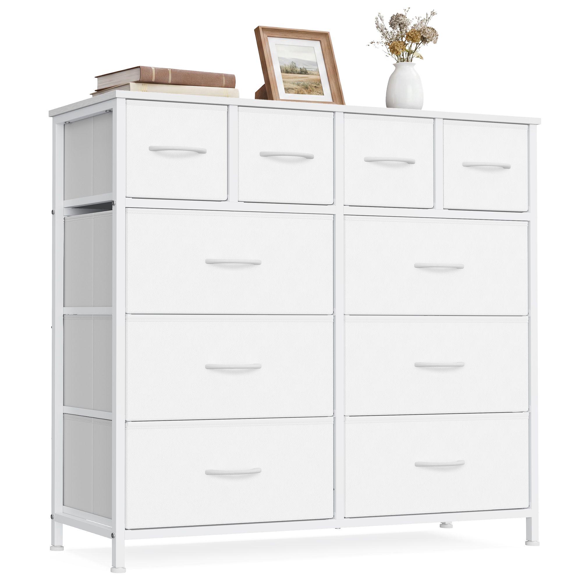 Fabric dresser 10 drawers steel frame wood top cloud white