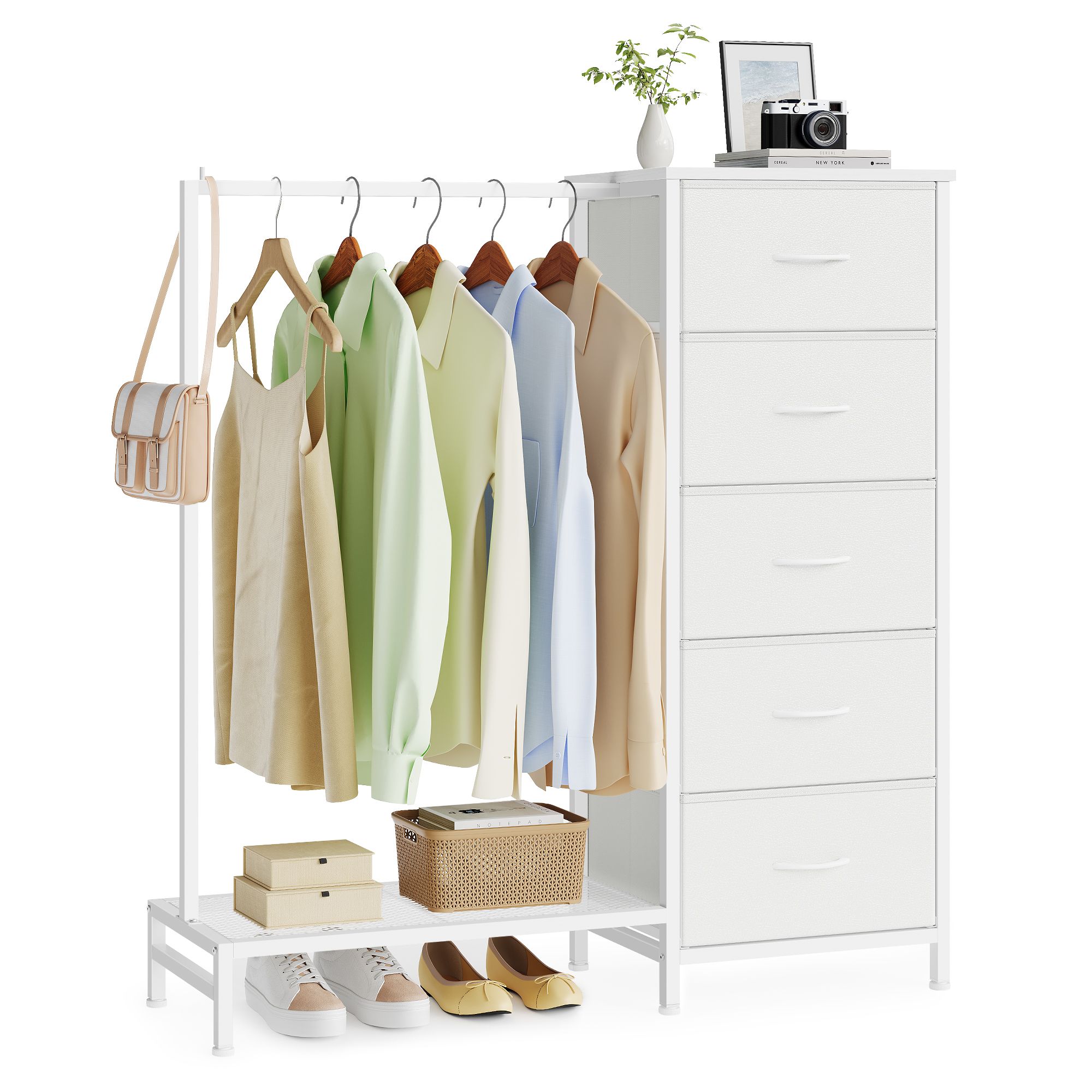 Fabric wardrobe with 5 drawers rail and shelf cloud white