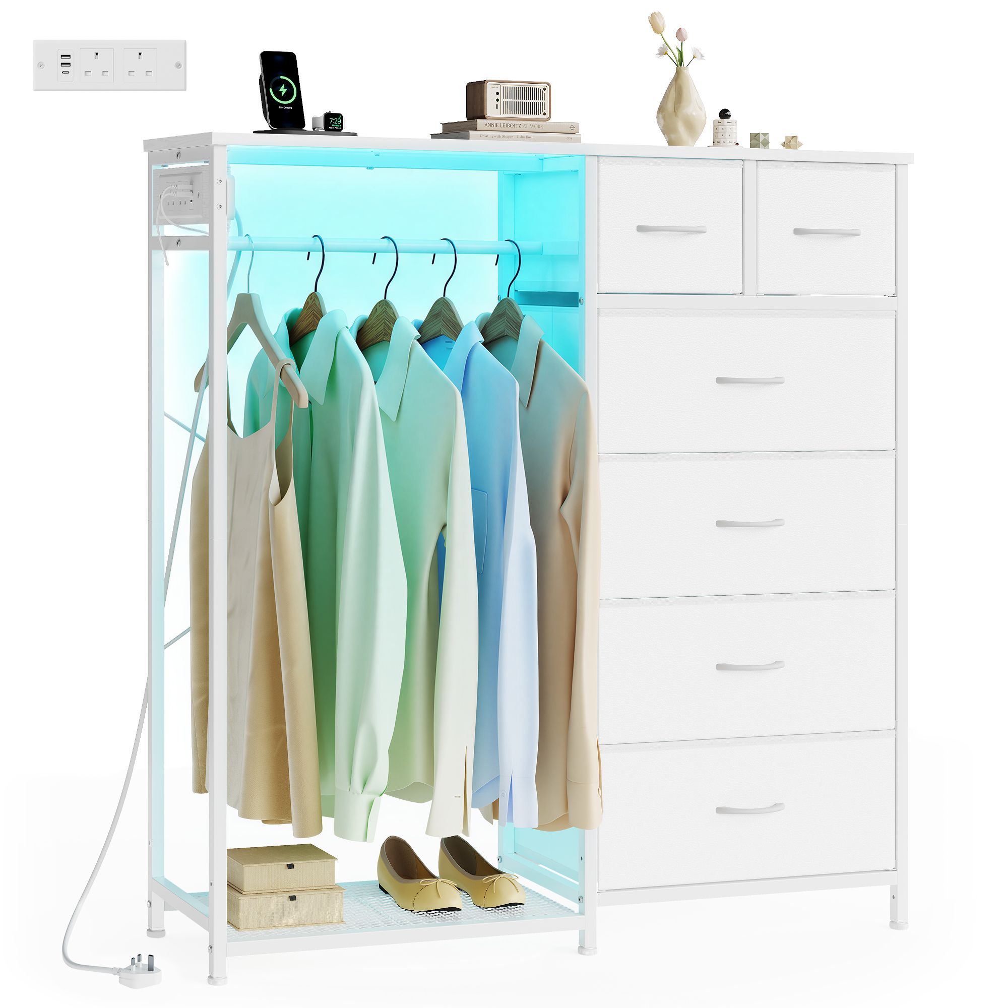 Steel open wardrobe with 6 fabric drawers LED lights charging station Steel open wardrobe with 6 fabric drawers LED lights charging station