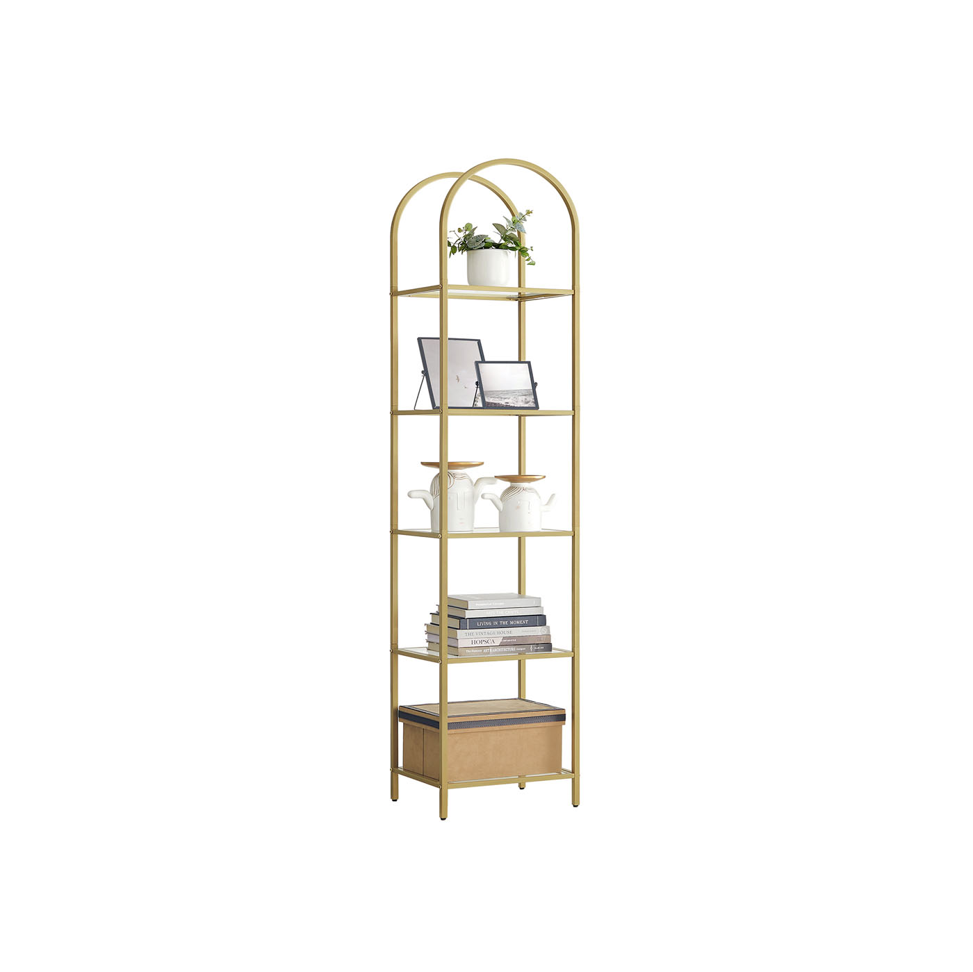 5-Tier Arched Shelf with Tempered Glass & Steel Frame, Multi-Room Metallic Gold
