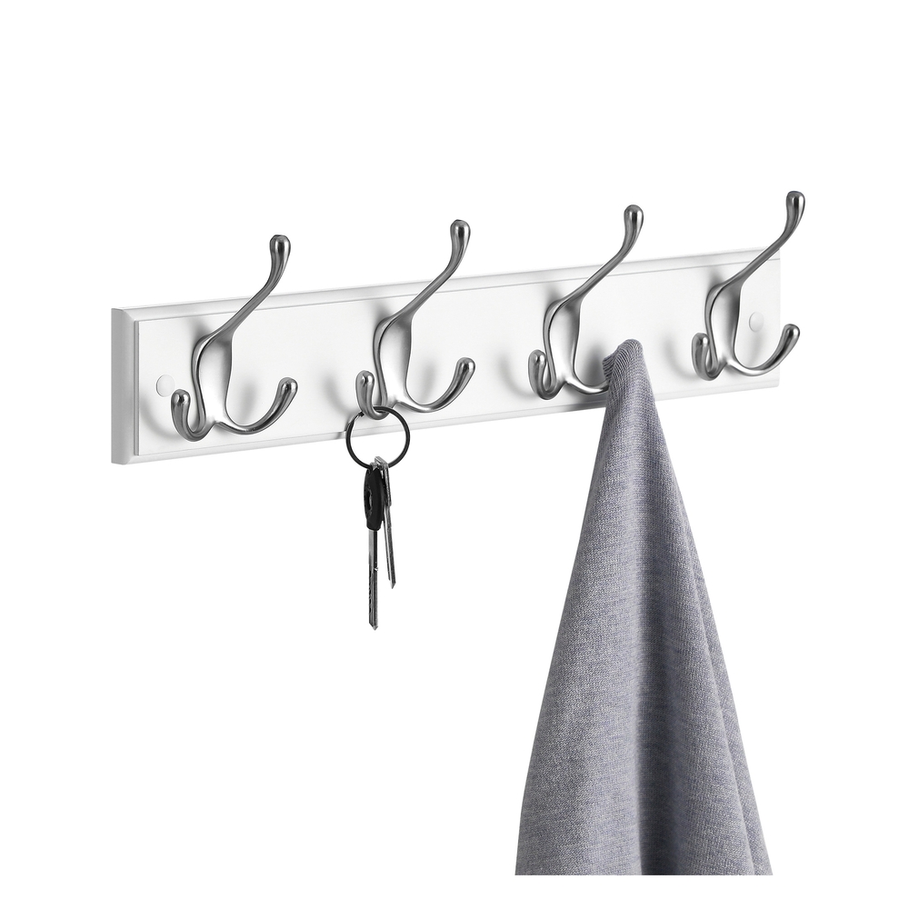 Wall-Mounted Coat Rack, 4-Tri Hook Rack, White and Silver