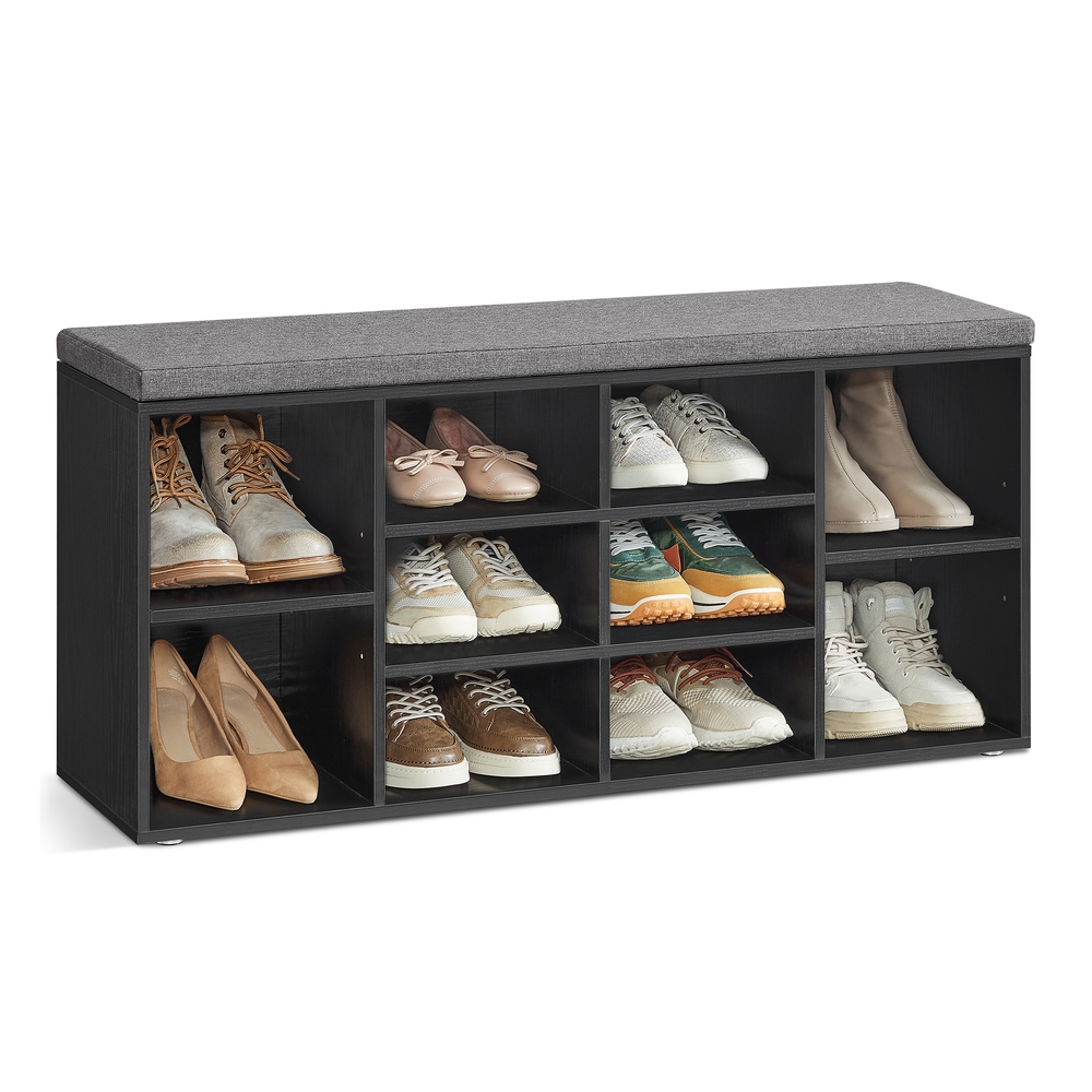 Shoe Bench with Padded Seat and 9 Compartments Ebony Black