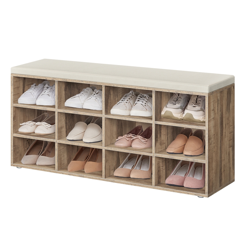 Shoe Bench with Padded Seat and 12 Compartments Camel Brown