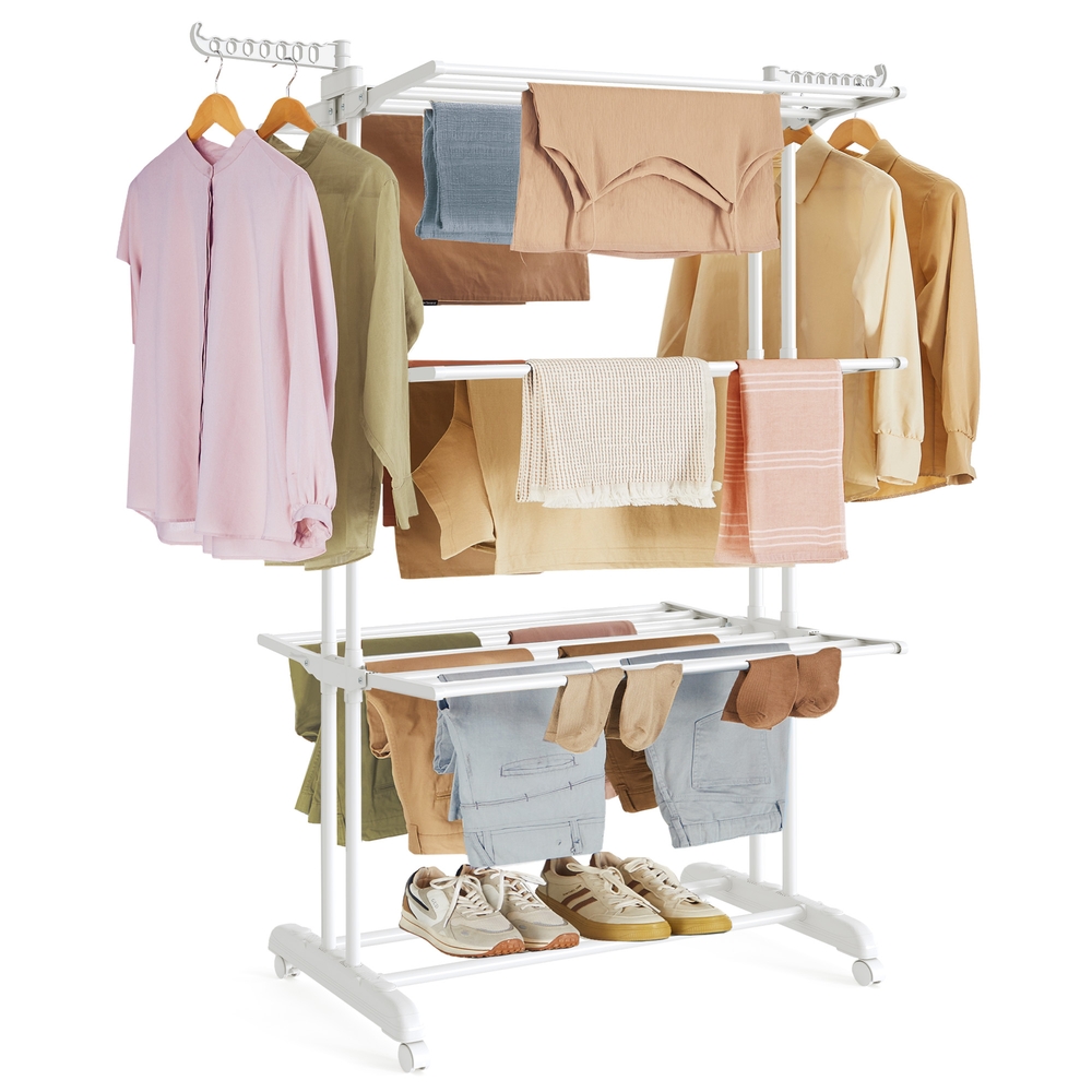 Large Clothes Airer Foldable Clothes Drying Rack Laundry 4-Tie 63.5 x 128 x 173 cm Cloud White