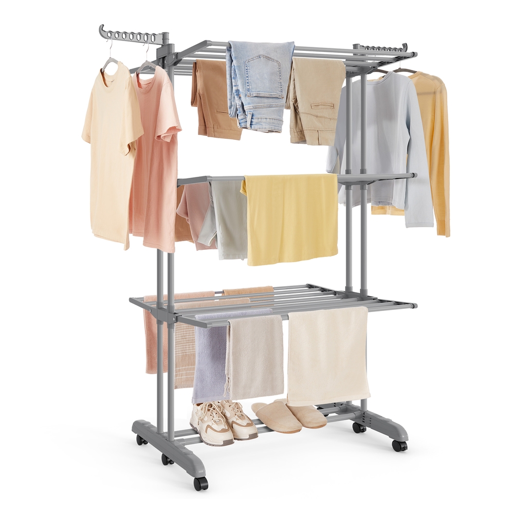 Large Clothes Airer Foldable 4-Tier Moveable Clothes Horse Dove Grey