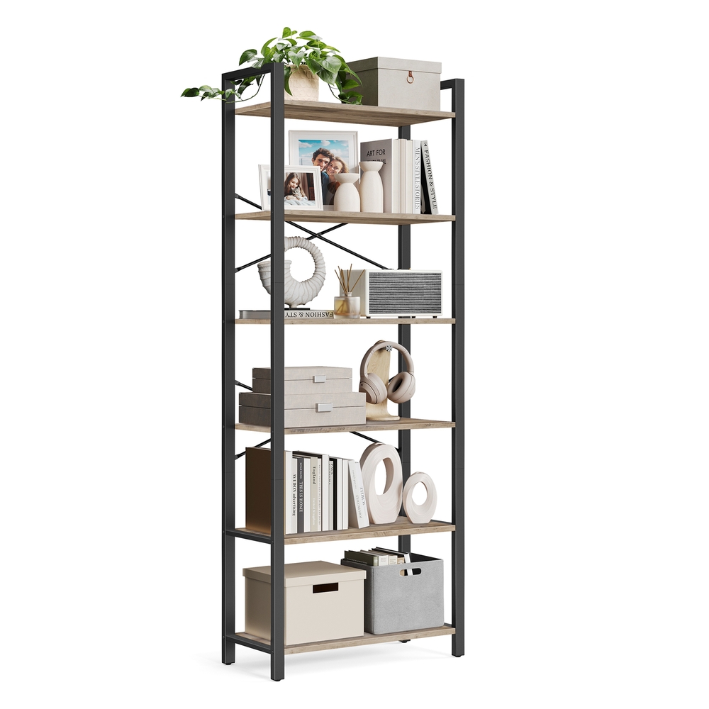 Industrial 6-Tier Bookcase for Office/Study & Living Room, Heather Greige & Black Steel Shelving Unit with Adjustable Shelves Industrial 6-Tier Bookcase for Office/Study & Living Room, Heather Greige & Black Steel Shelving Unit with Adjustable Shelves