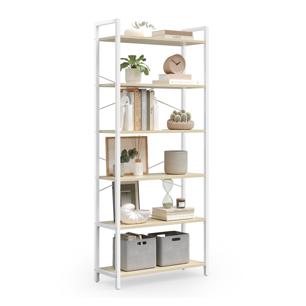 6-Tier Bookshelf, Industrial Bookcase, Beige and White 6-Tier Bookshelf, Industrial Bookcase, Beige and White