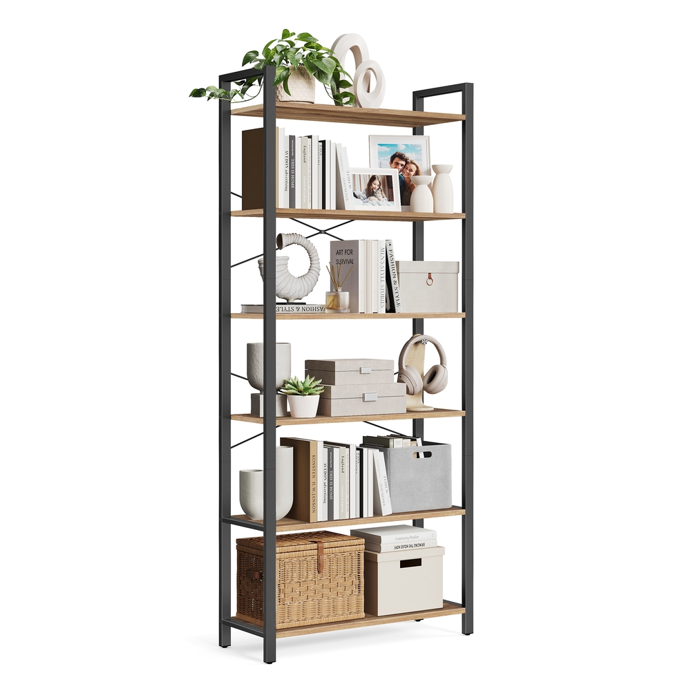 6-Tier Bookshelf, Industrial Bookcase, Wheat Brown and Ink Black 6-Tier Bookshelf, Industrial Bookcase, Wheat Brown and Ink Black