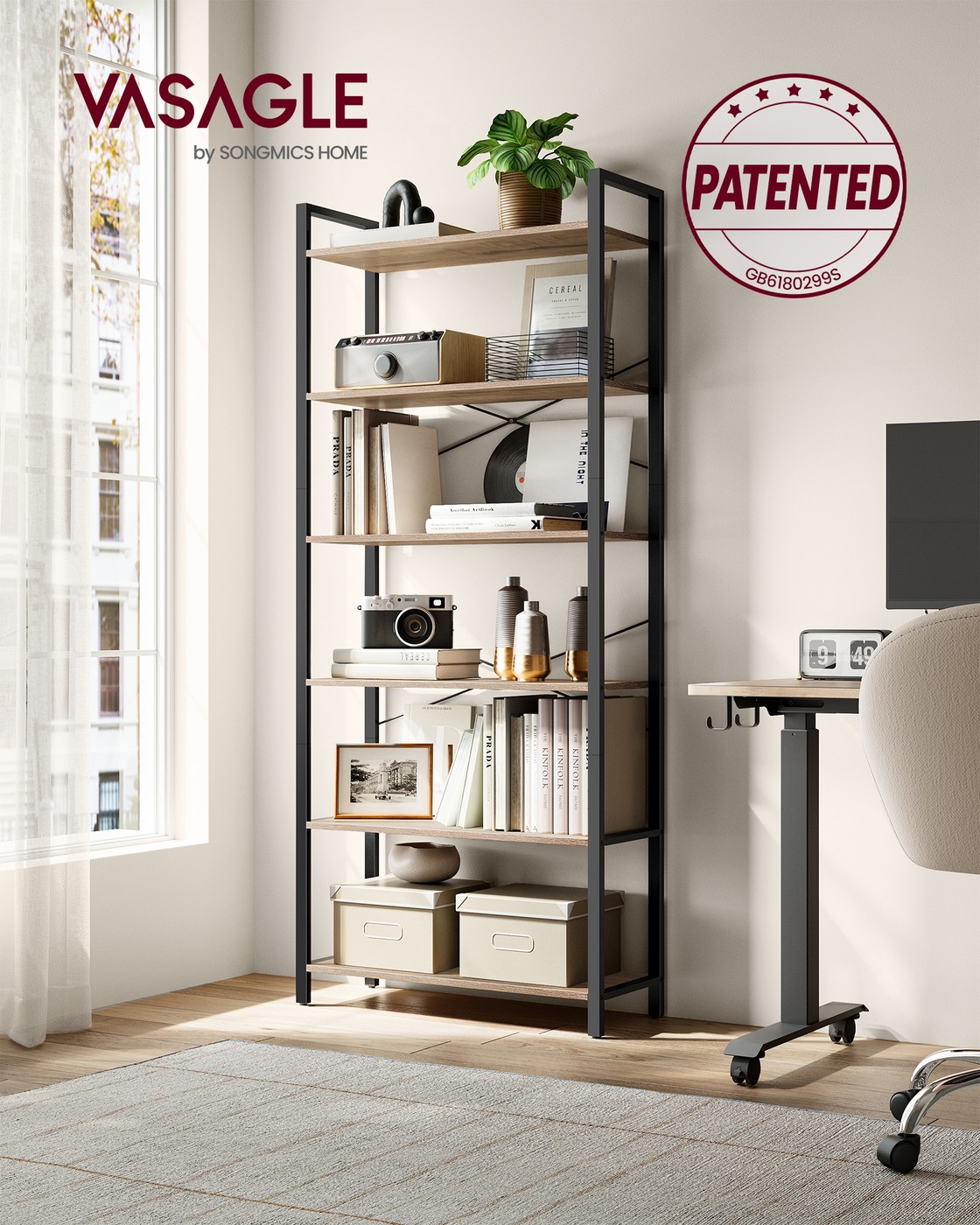 6-Tier Bookshelf, Industrial Bookcase, Camel Brown and Ink Black