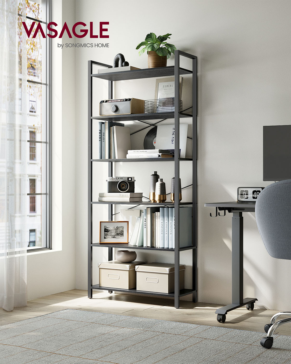 6-Tier Freestanding Tall Bookshelf Ebony Black and Ink Black