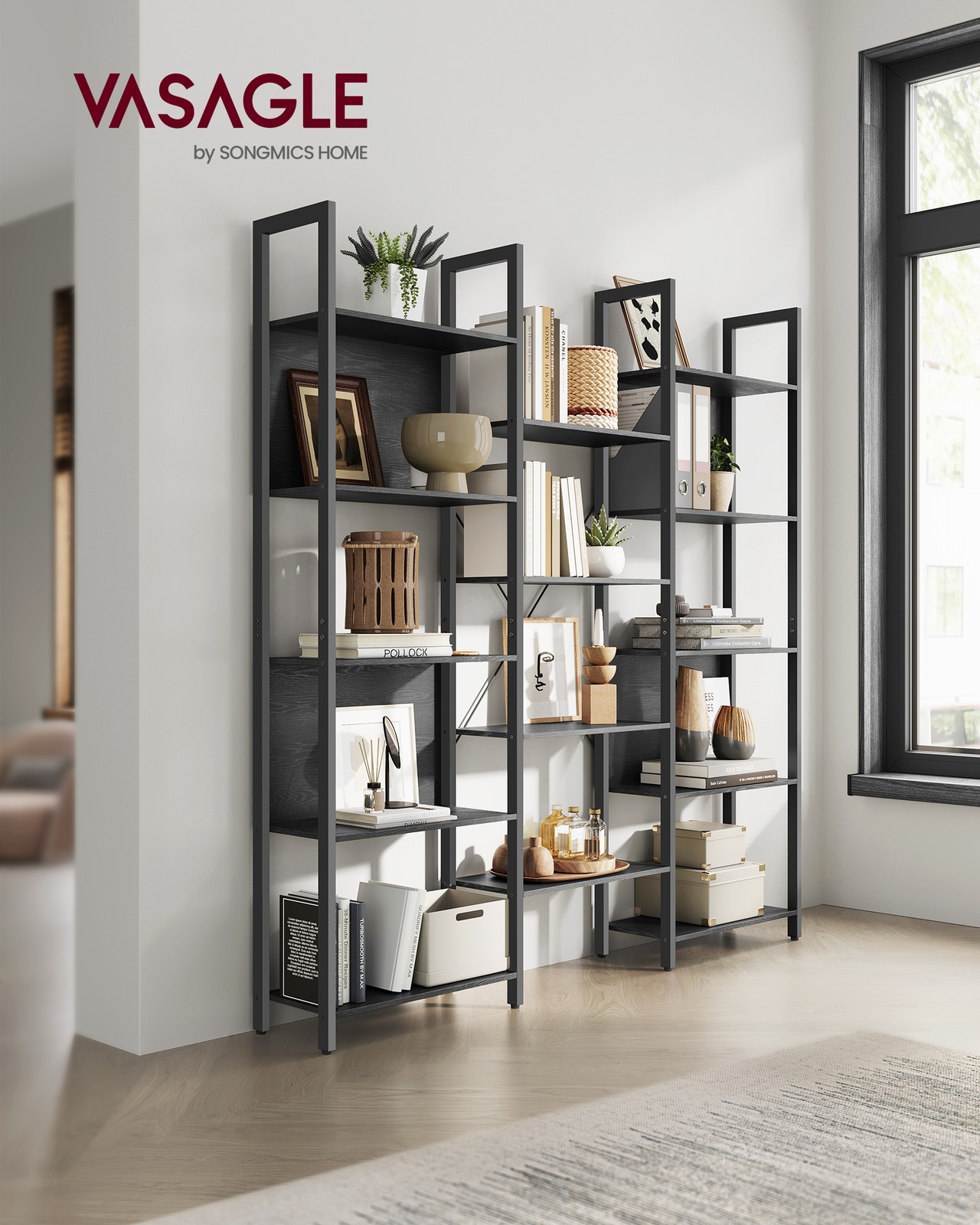 Bookcase with 14 Shelves Ebony Black and Ink Black