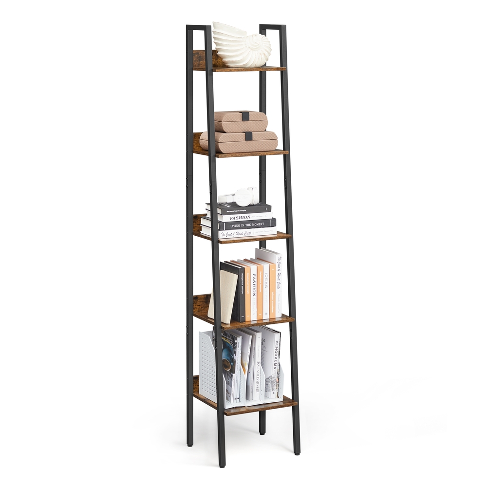 5-Tier Ladder Shelf, Industrial Bookcase, Brown and Black