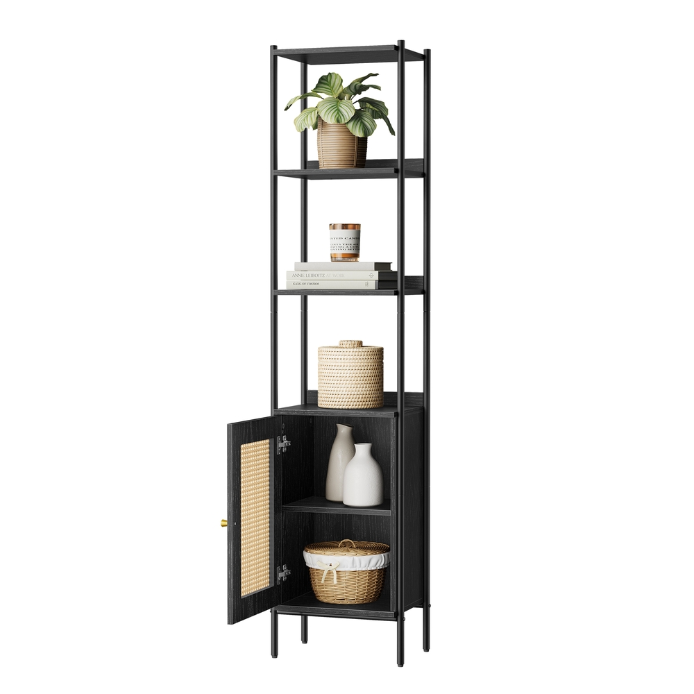 Bookcase with Rattan-Like Door Ebony Black and Matte Black