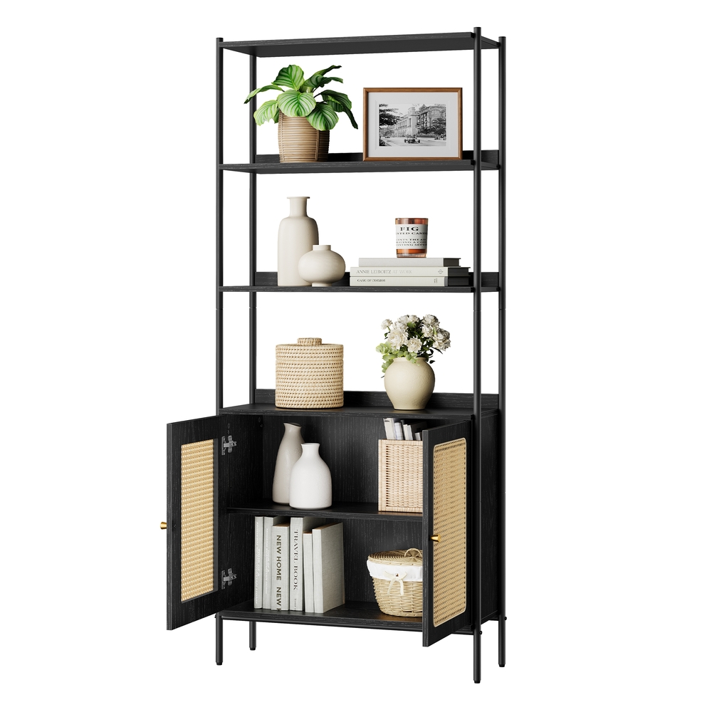 6-Tier Bookcase, Tall Bookshelf with Rattan-Like Doors 6-Tier Bookcase, Tall Bookshelf with Rattan-Like Doors