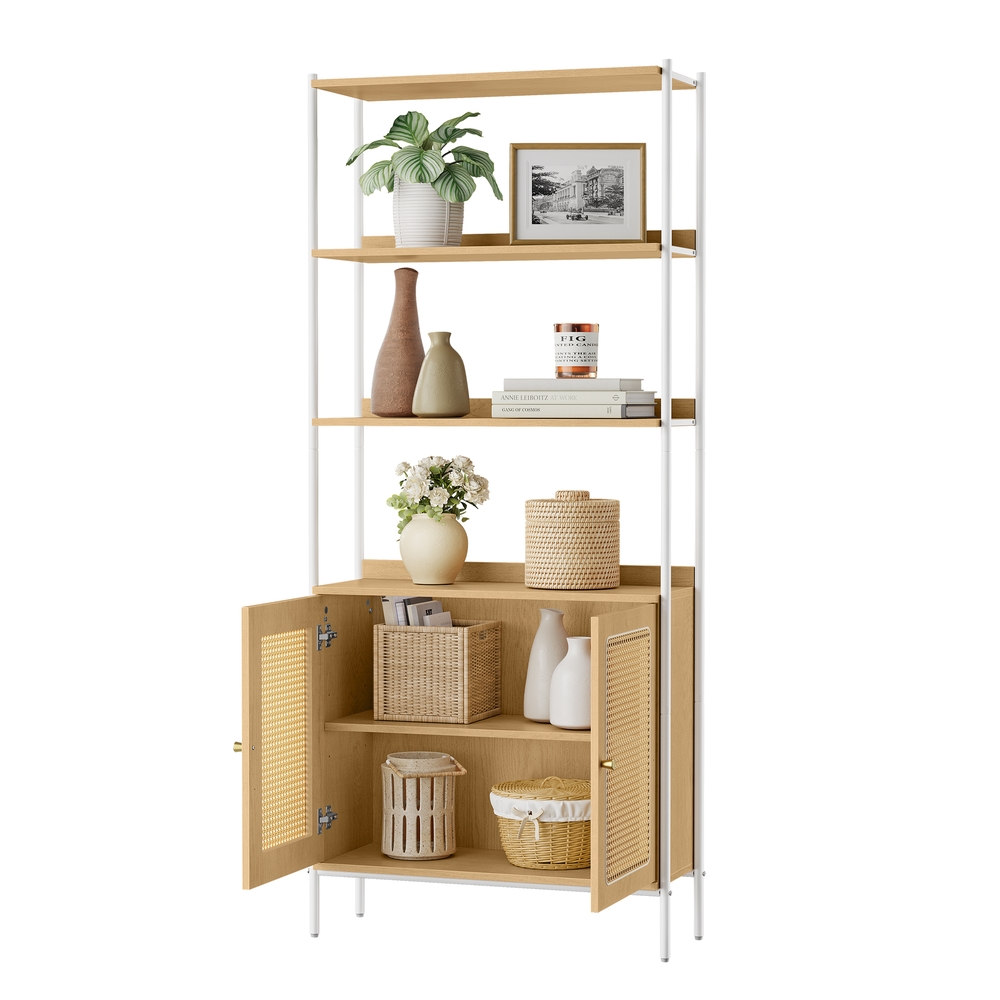 6-Tier Bookcase, Tall Bookshelf with Rattan-Like Doors 6-Tier Bookcase, Tall Bookshelf with Rattan-Like Doors
