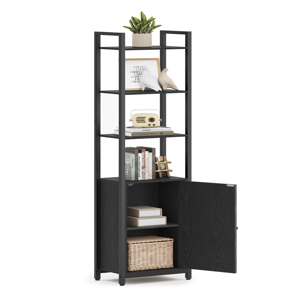 6-Tier Bookcase with Door Ebony Black and Ink Black