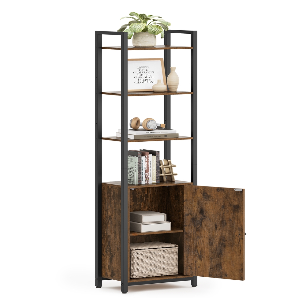 6-Tier Bookcase with Door Rustic Brown and Ink Black