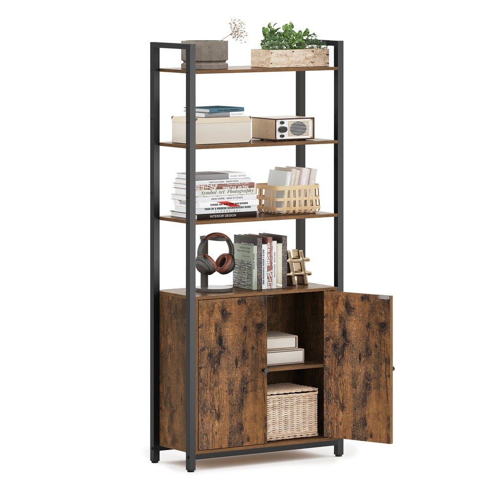 7-Tier Bookcase with Door Rustic Brown and Ink Black