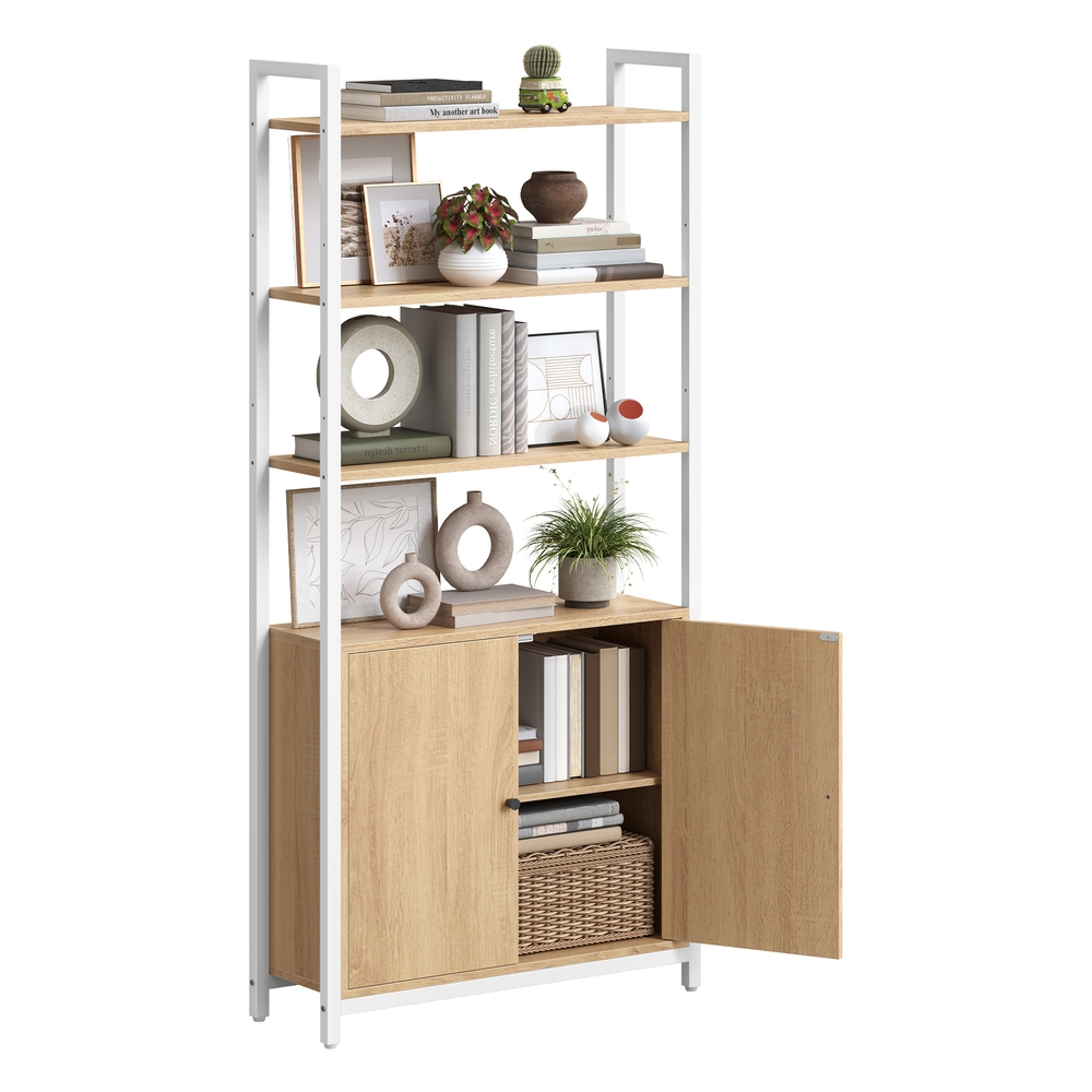 6-Tier Bookshelf with Door, 24 x 60 x 159.5 cm, Oak and White