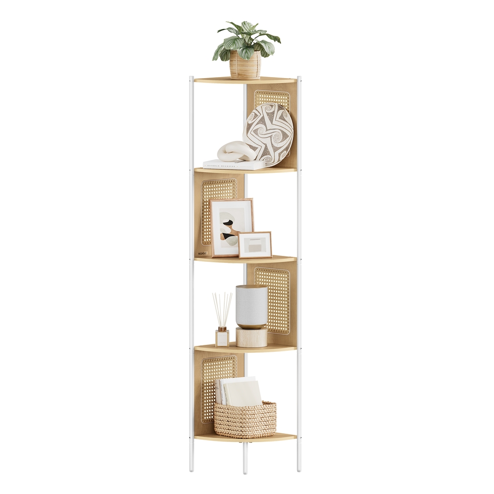 5-Tier Corner Shelf with Rattan Effect Side Oak Beige