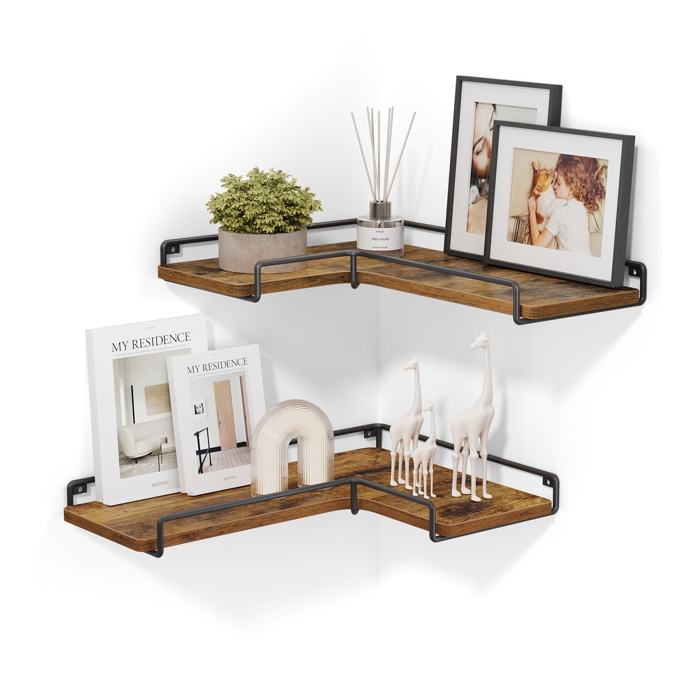 Industrial Floating Corner Shelves Set of 2: Space-Saving L-Shaped Wall Shelves for Living Room, Bedroom, Kitchen in Rustic Brown & Black