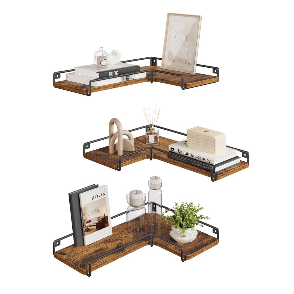 Set of 3 L-Shaped Floating Shelves Rustic Brown Set of 3 L-Shaped Floating Shelves Rustic Brown