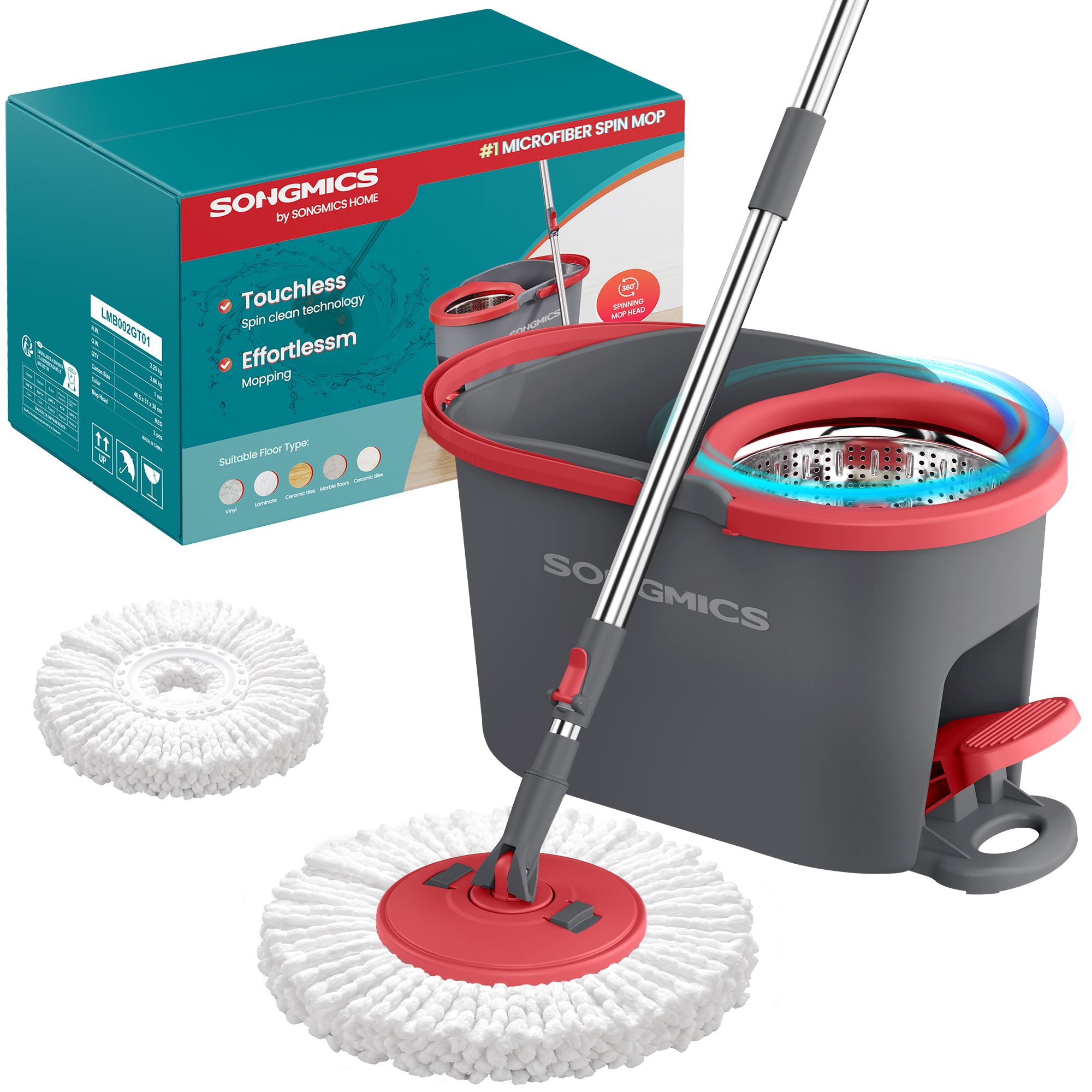 Grey and Red Spin Mop Set with Pedal Wringer and One Pad