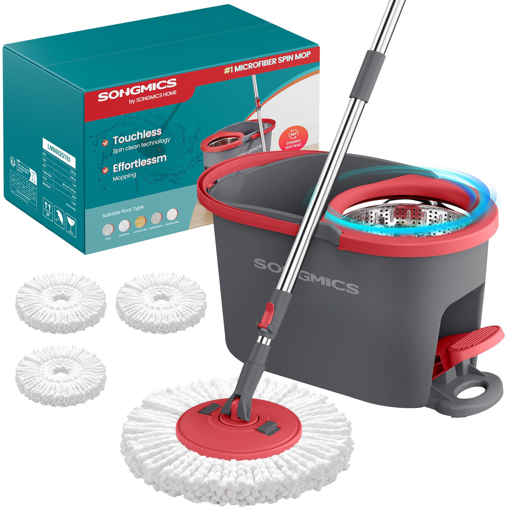 Grey and red spin mop set with pedal wringer and three pads