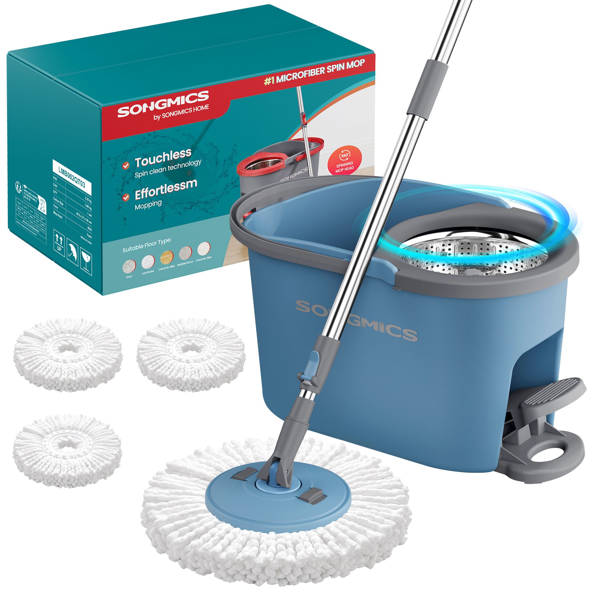 Grey and blue spin mop set with pedal wringer and three pads