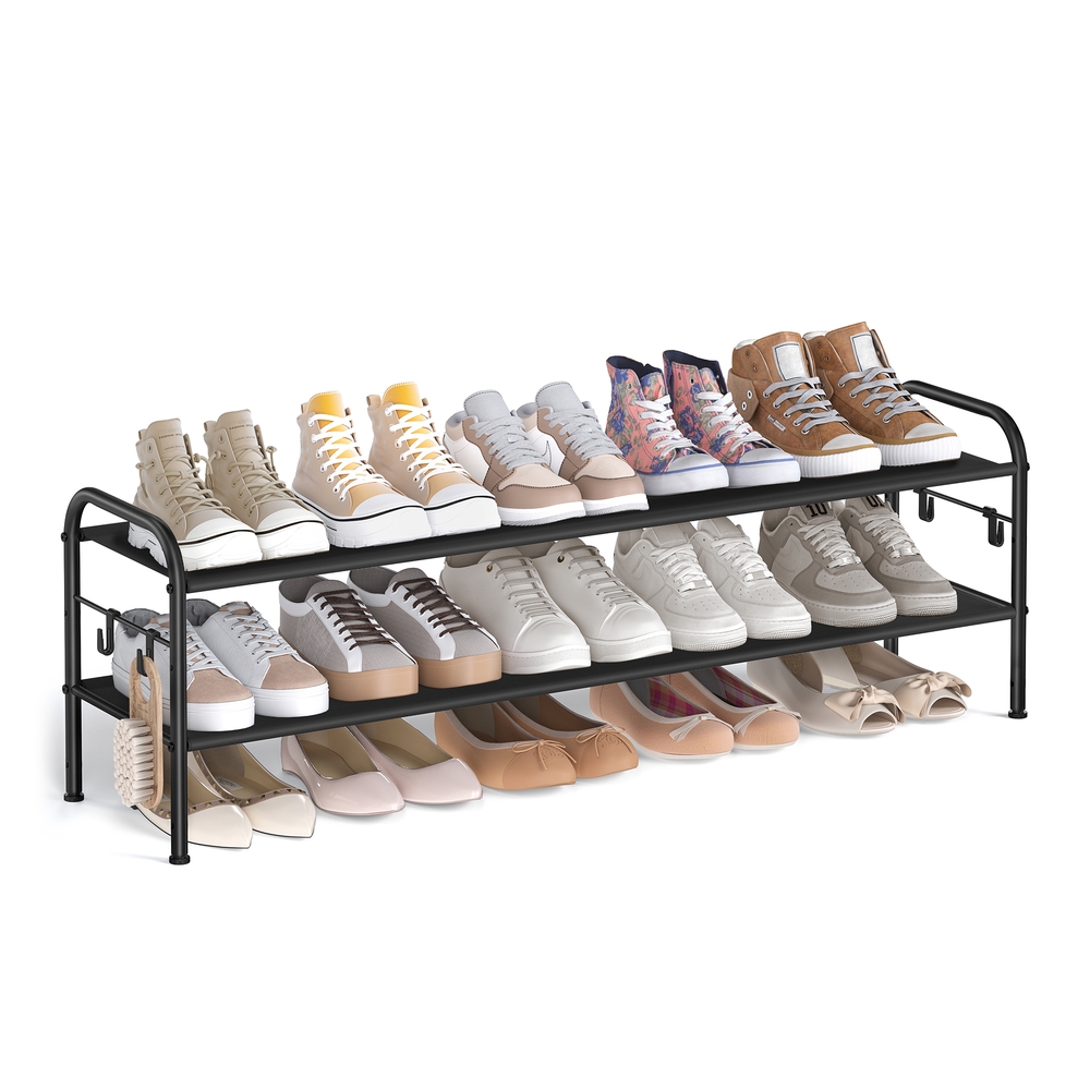 114″ Wide 2-Tier Fabric Shoe Rack with 4 Hooks Ink Black