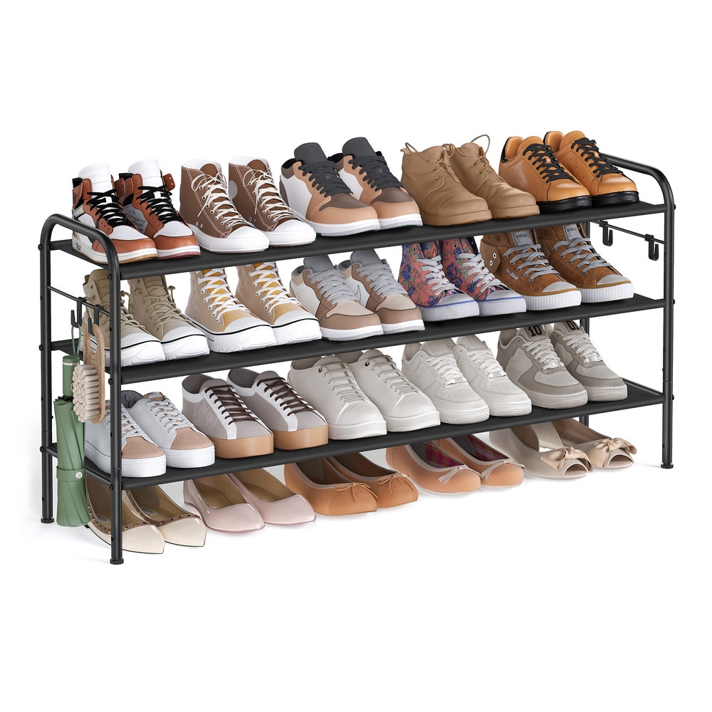 114″ Wide 3-Tier Fabric Shoe Rack with 4 Hooks Ink Black