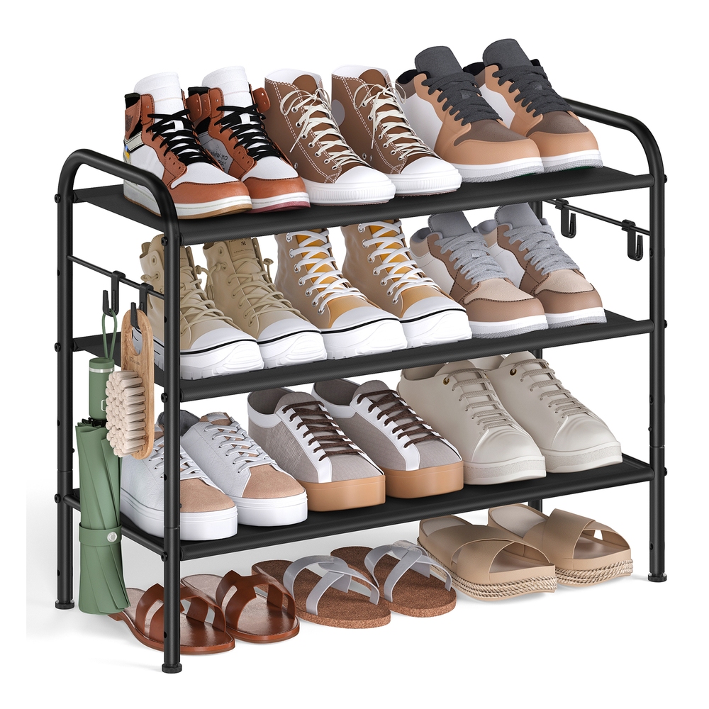 68″ Wide 3-Tier Fabric Shoe Rack with 4 Hooks Ink Black