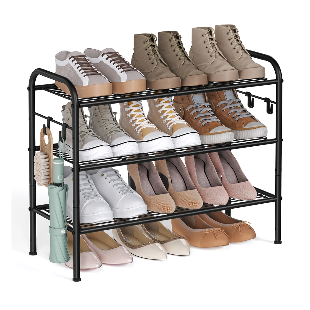 68″ Wide 3-Tier Metal Shoe Rack with 4 Hooks Ink Black