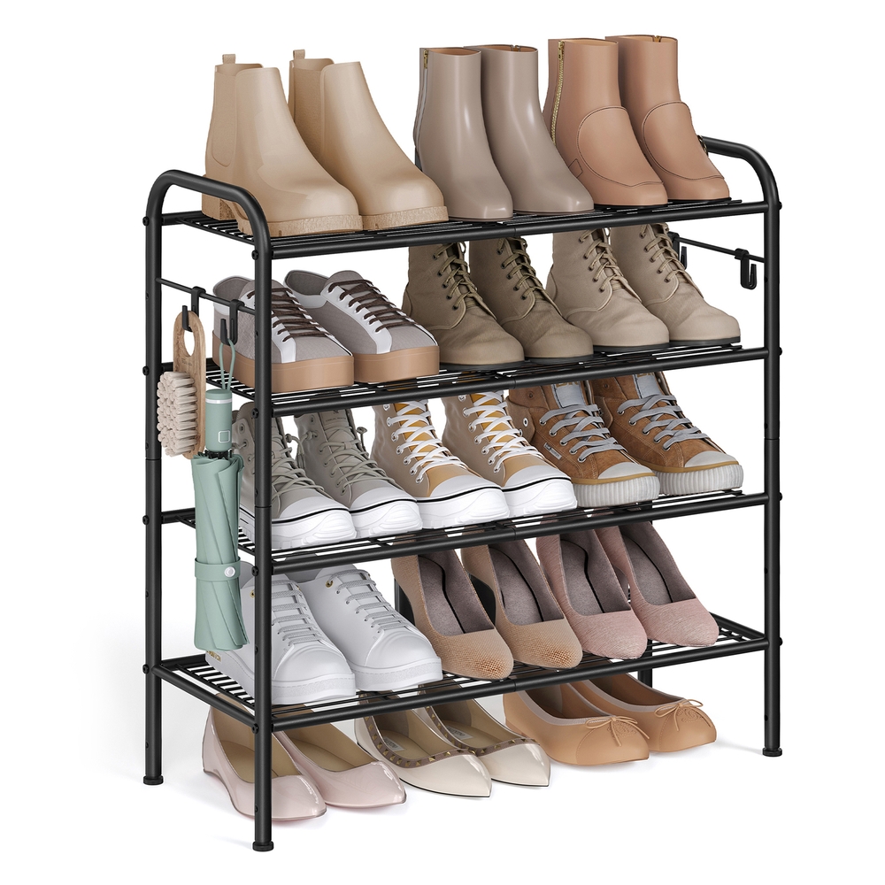 68″ Wide 4-Tier Metal Shoe Rack with 4 Hooks Ink Black