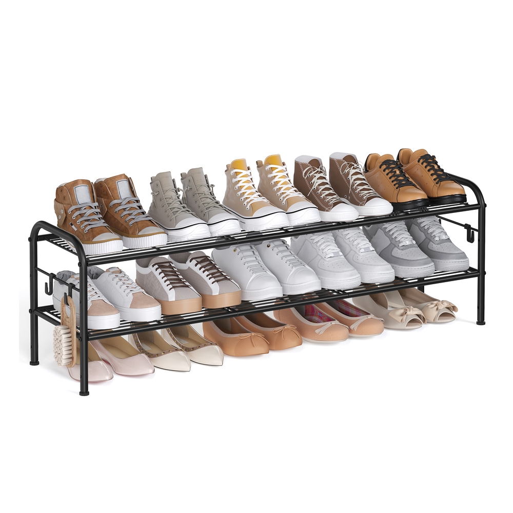 114″ Wide 2-Tier Metal Shoe Rack with 4 Hooks Ink Black