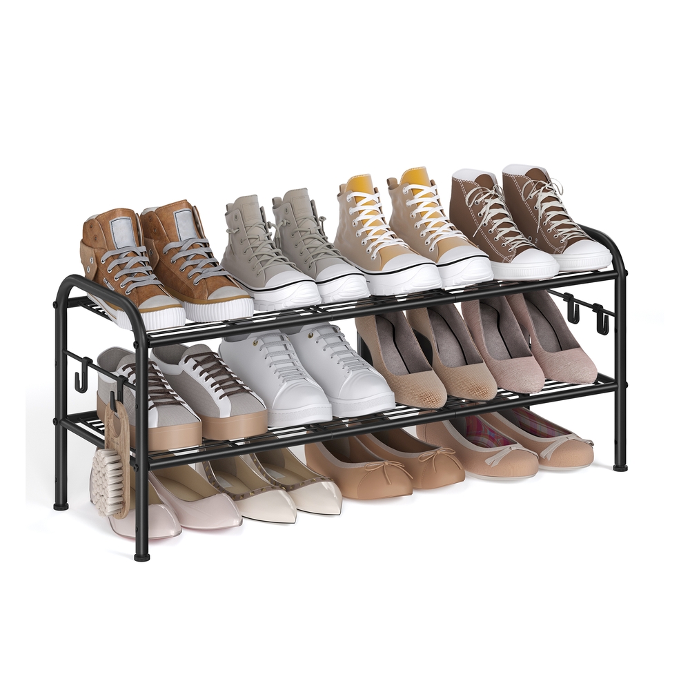 85″ Wide 2-Tier Metal Shoe Rack with 4 Hooks Ink Black
