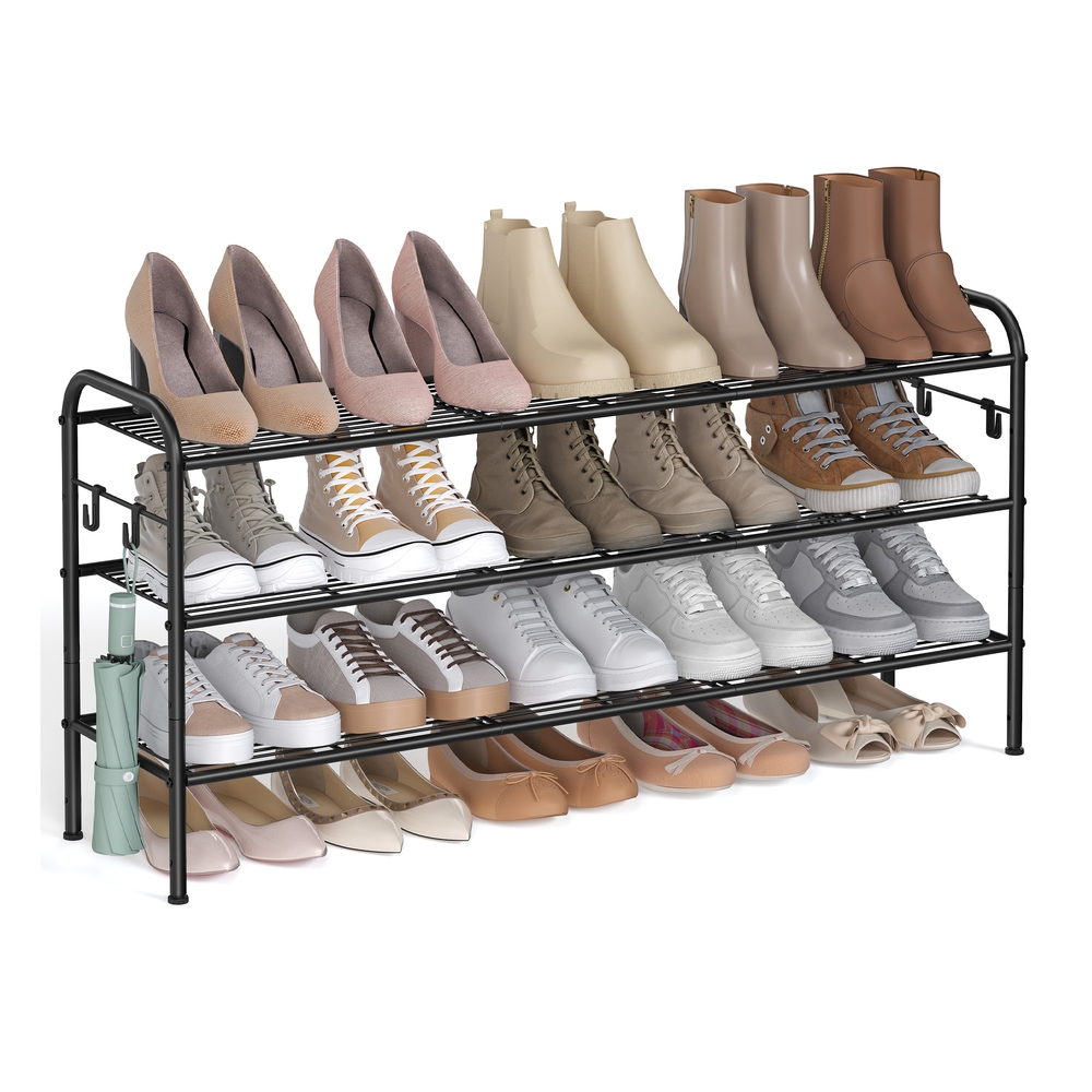 114″ Wide 3-Tier Metal Shoe Rack with 4 Hooks Ink Black