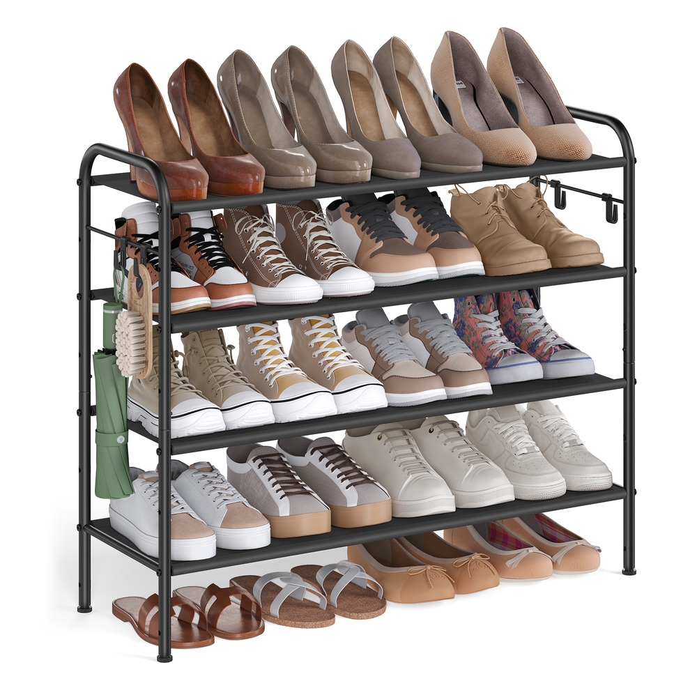 85″ Wide 4-Tier Fabric Shoe Rack with 4 Hooks Ink Black