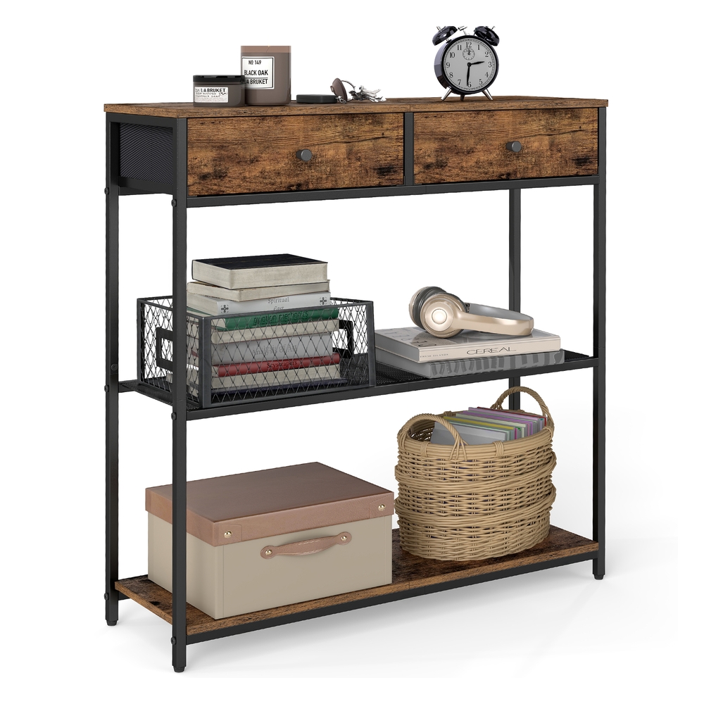 Console table with fabric drawers and shelves