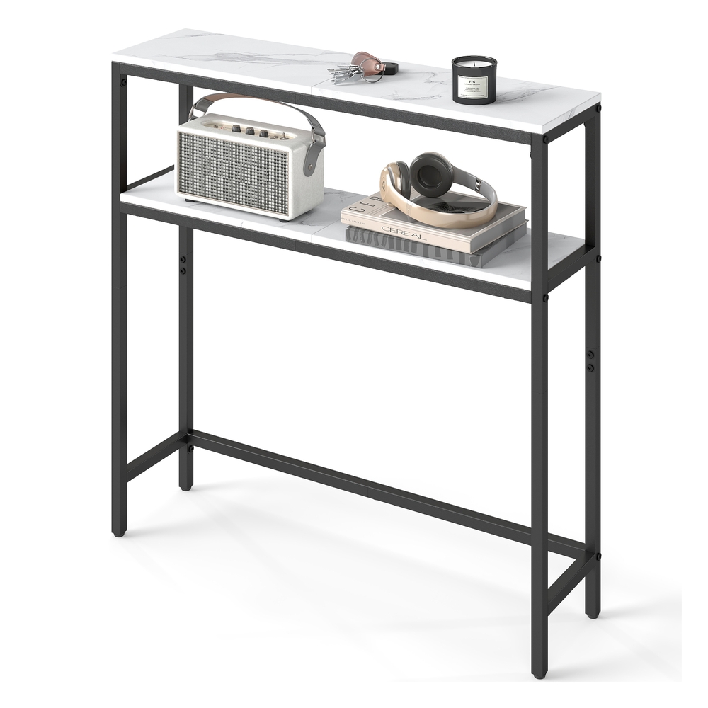2-Tier Slim Sofa Table for Hallway Marble White and Ink Black