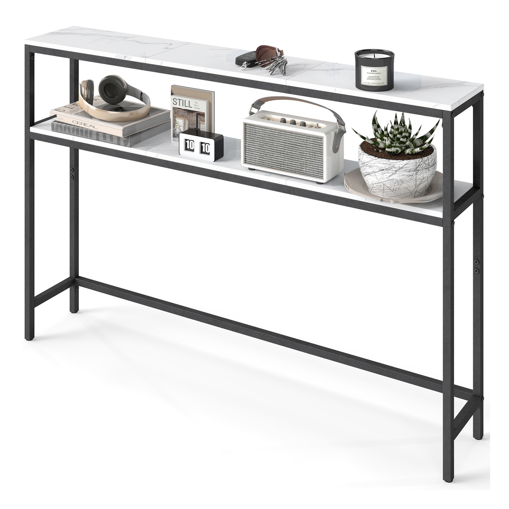 2-Tier Console Table for Hallway Marble White and Ink Black