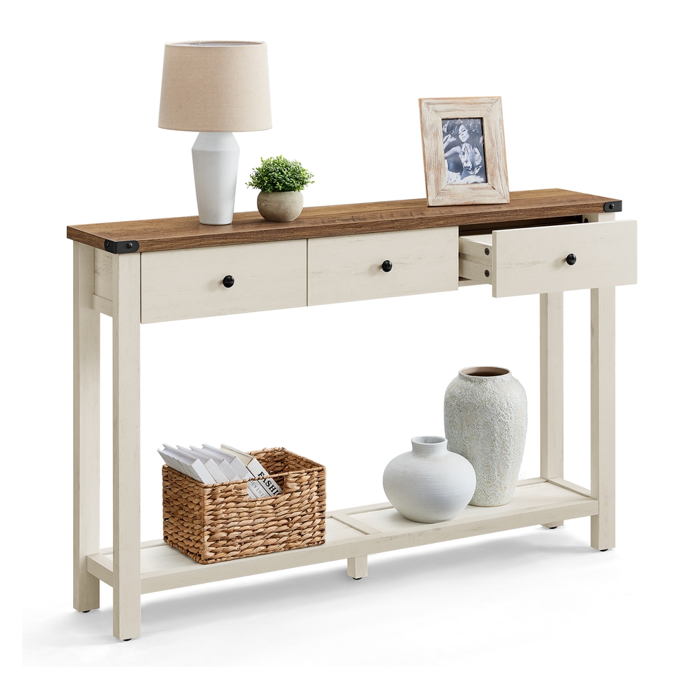 Console Table Narrow Sofa Table with 3 Drawers and One Shelf Honey Brown and Vintage White