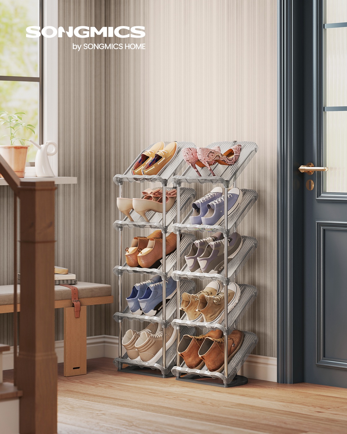 5-Tier Slim Sloping Shoe Racks Set of 2 Closet, Grey 5-Tier Slim Sloping Shoe Racks Set of 2 Closet, Grey