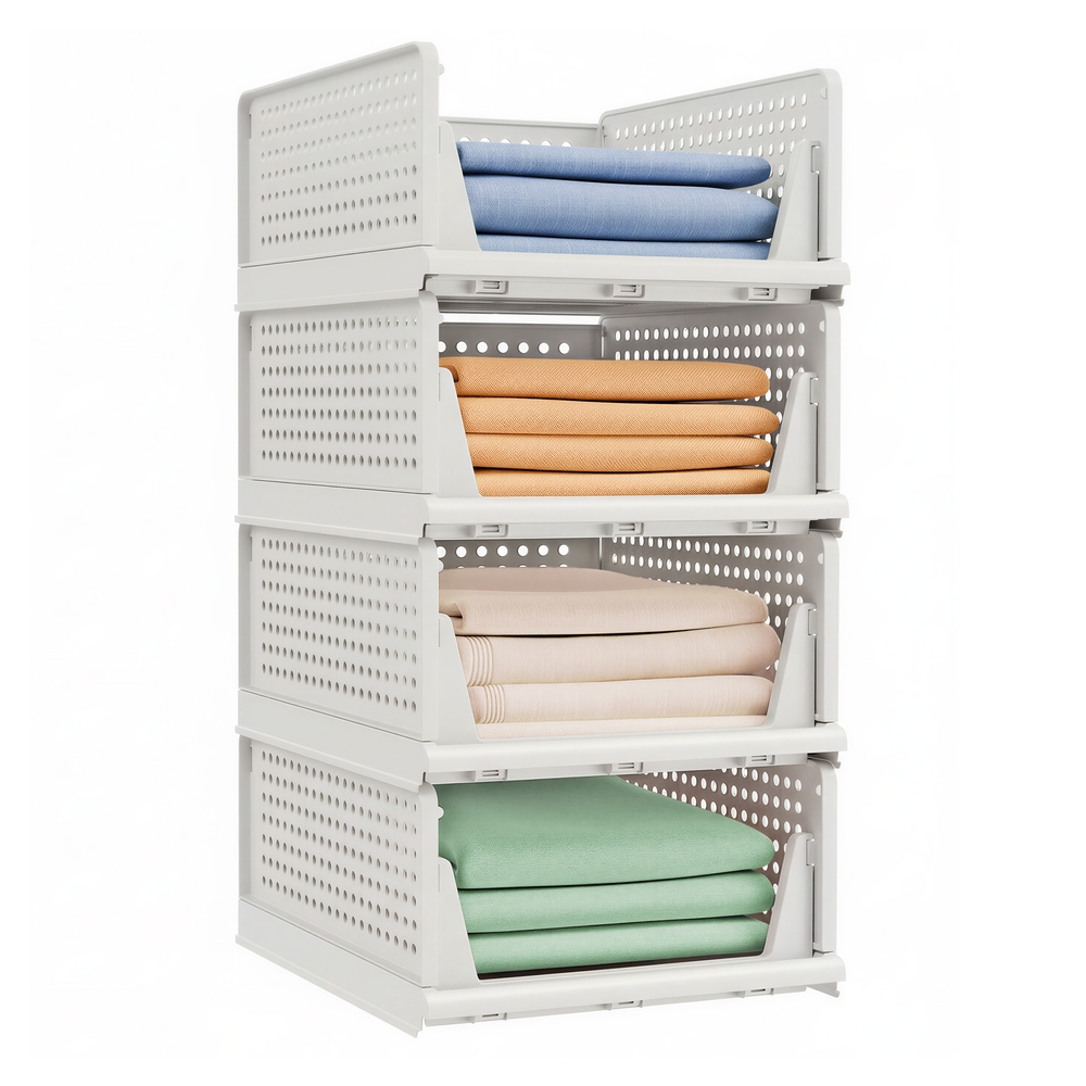 Stackable Wardrobe Storage Set of 4 Pull-Out Baskets White