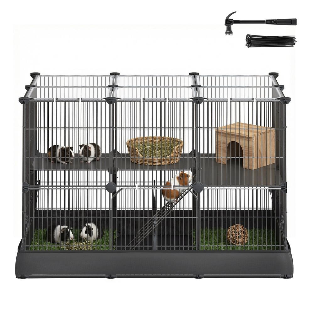 2-Tier Small Animal Playpen Cage with Waterproof Mat 35 Panels 93 x 63 x 61.5 cm Ink Black