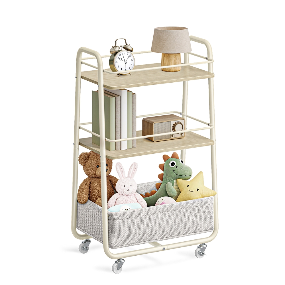 LILEA Collection – Storage Trolley with Basket Natural Beige and Cream White