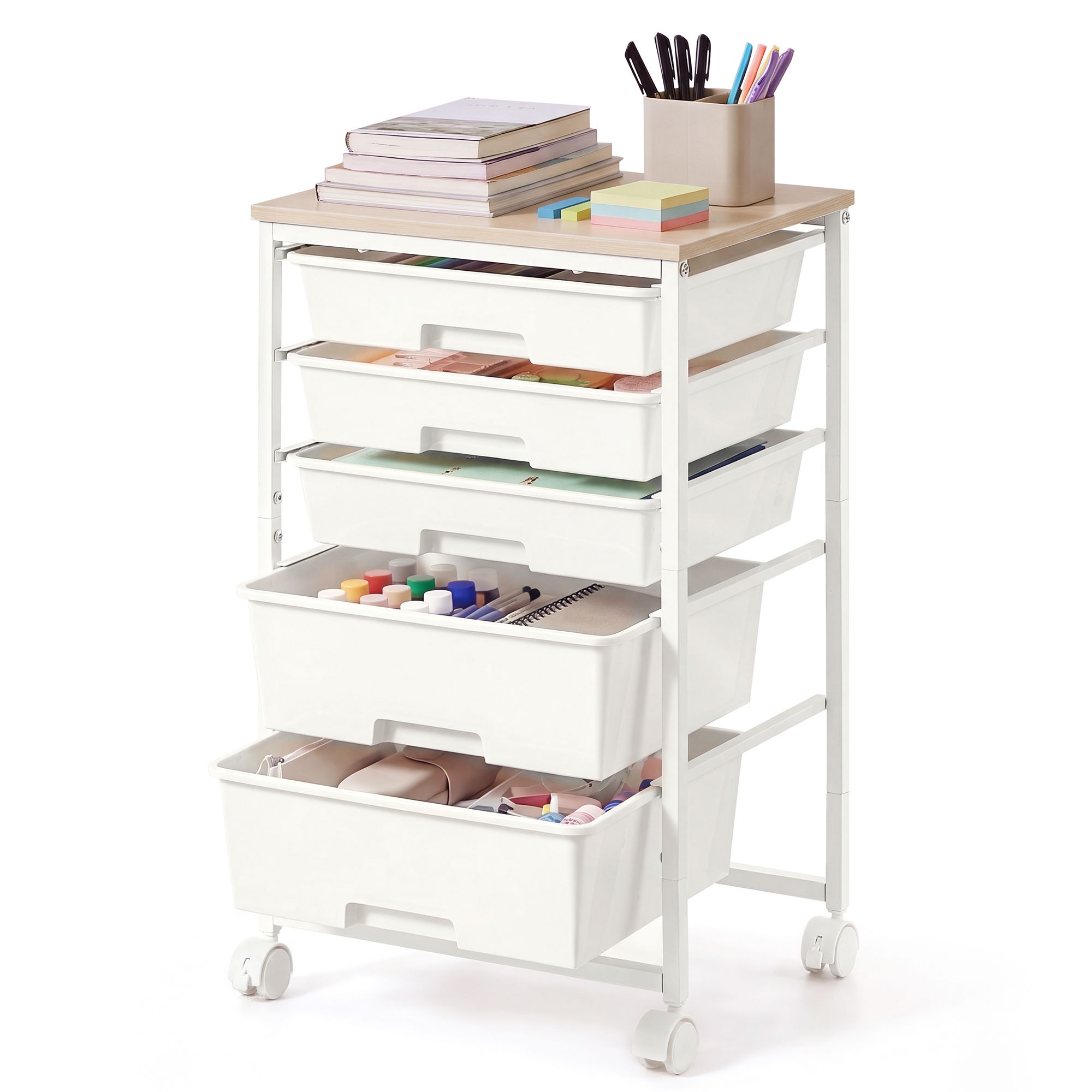 Rolling storage trolley with plastic drawers and wooden top