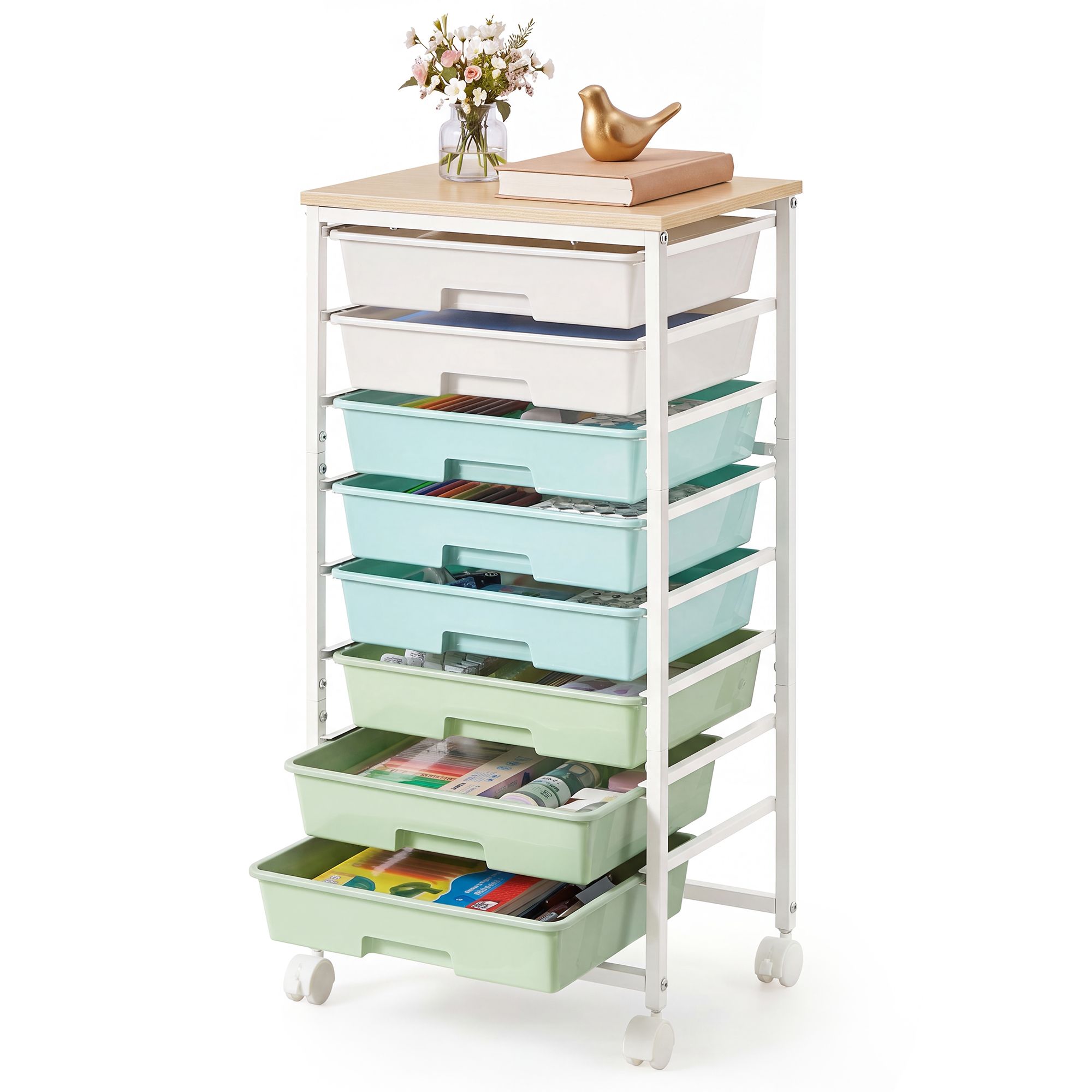 Rolling trolley with 8 plastic drawers and wooden top