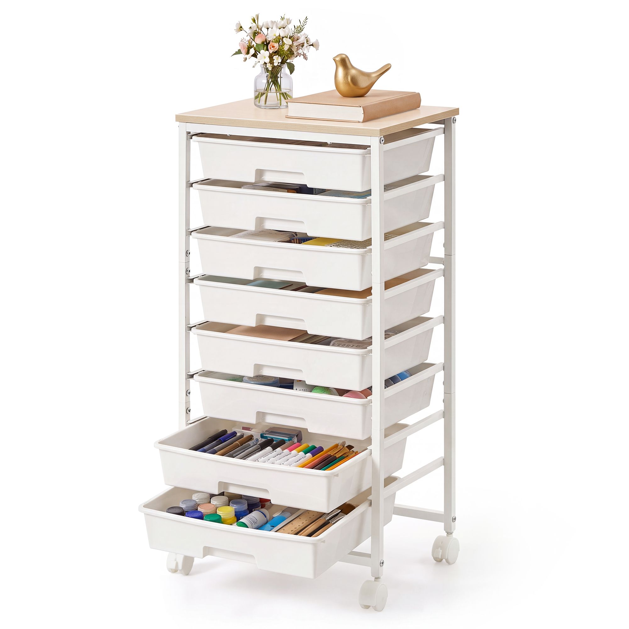 Rolling trolley with eight plastic drawers and wooden top Rolling trolley with eight plastic drawers and wooden top