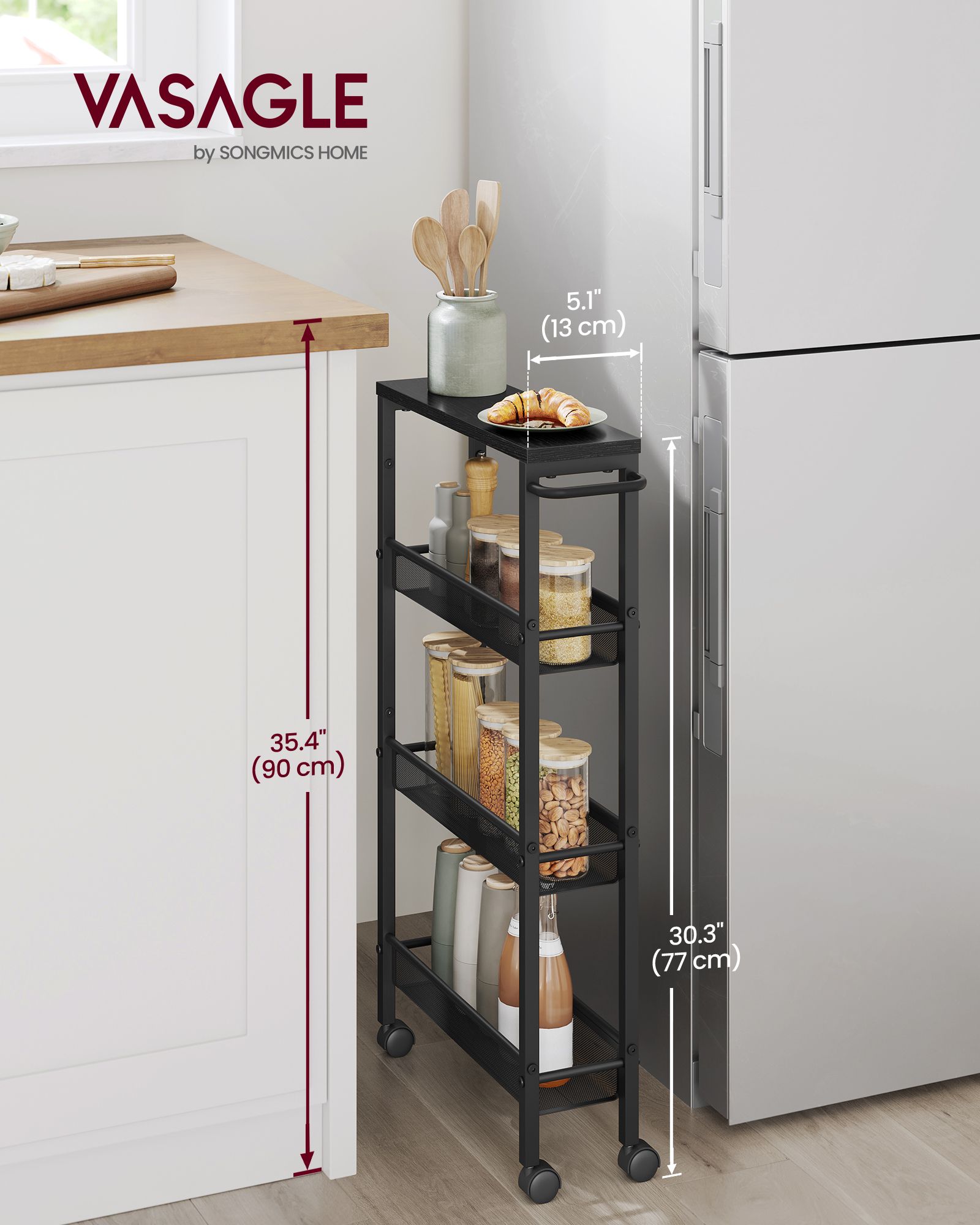 Black 4 tier slim rolling storage trolley with handle